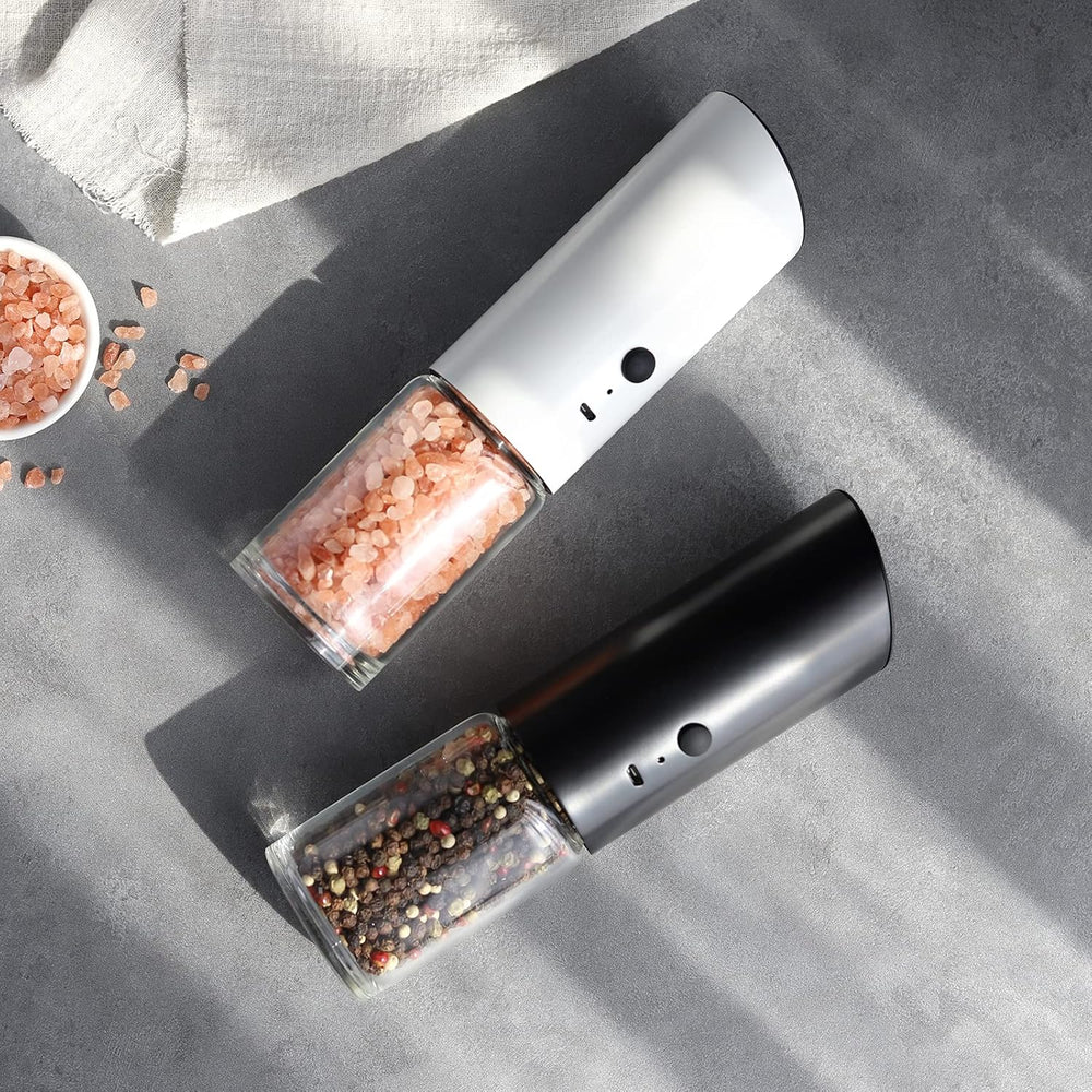 GRAVIMILL - Black & White Rechargeable Gravity Salt & Pepper Grinder Set with LED Light