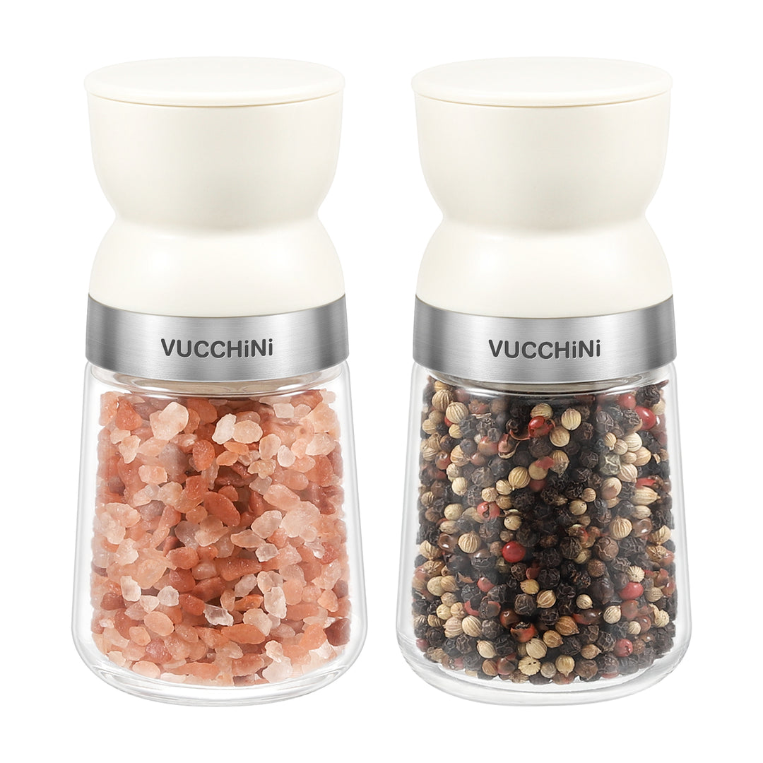 Double Sphere Salt and Pepper Grinder Set displayed against a clean white background. Modern design, dual-chamber grinder, perfect for salt and pepper.