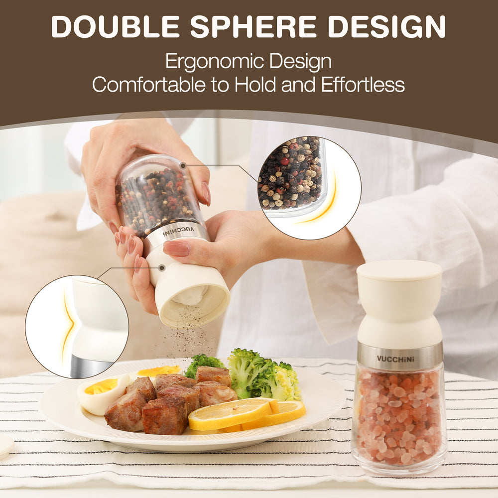 Close-up of the Double Sphere Salt and Pepper Grinder Set. Ergonomic shape, easy to hold, effortless grinding for a smooth seasoning experience.
