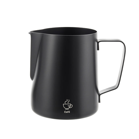 The VEVOK CHEF Milk Frothing Pitcher in black, showcasing its professional design and non-stick Teflon coating for easy cleaning. Ideal for creating perfectly frothed milk for lattes and cappuccinos.