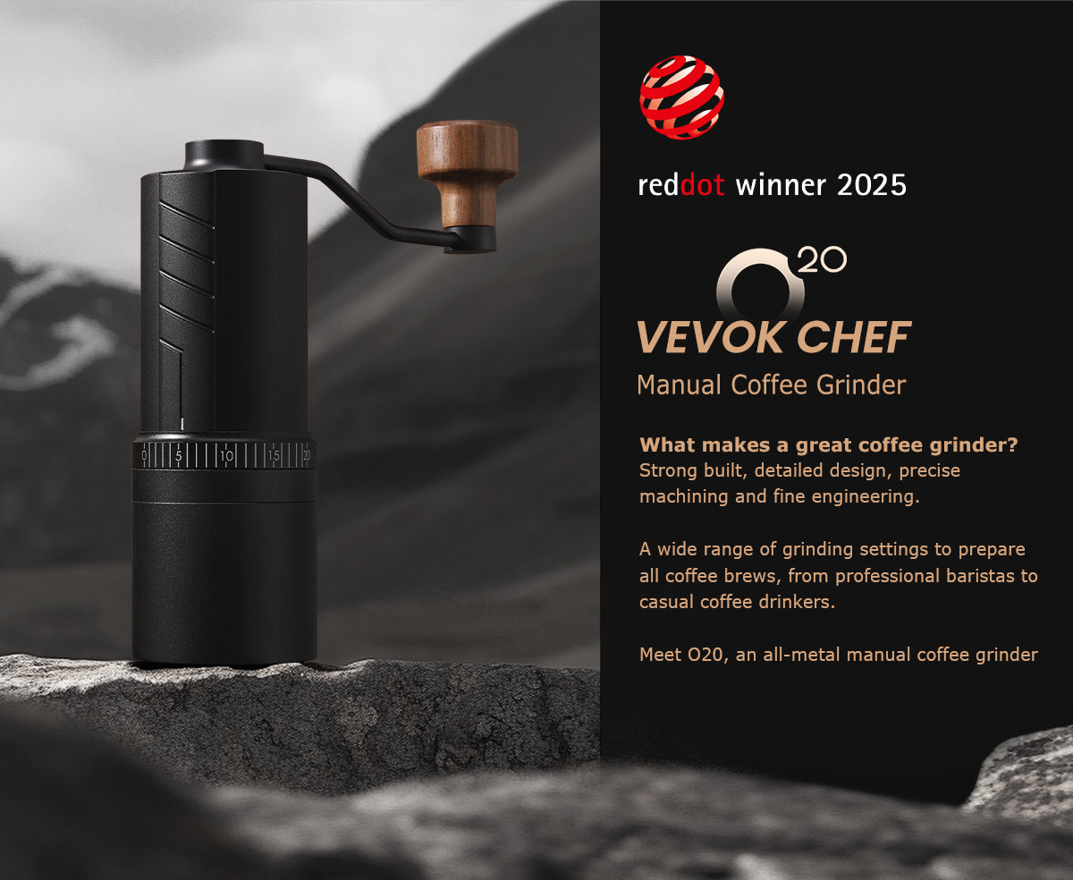 VEVOK CHEF O20 Red Dot Award-winning manual coffee grinder with full metal body, precision machining, and adjustable grind settings for all coffee brewing methods
