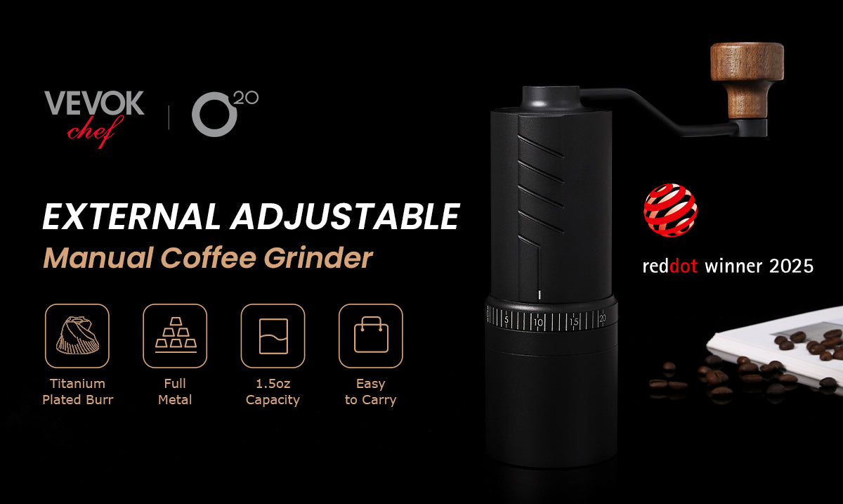 VEVOK CHEF O20 manual coffee grinder with external adjustment, titanium-plated burr, and 1.5oz capacity, winner of 2025 Red Dot Design Award