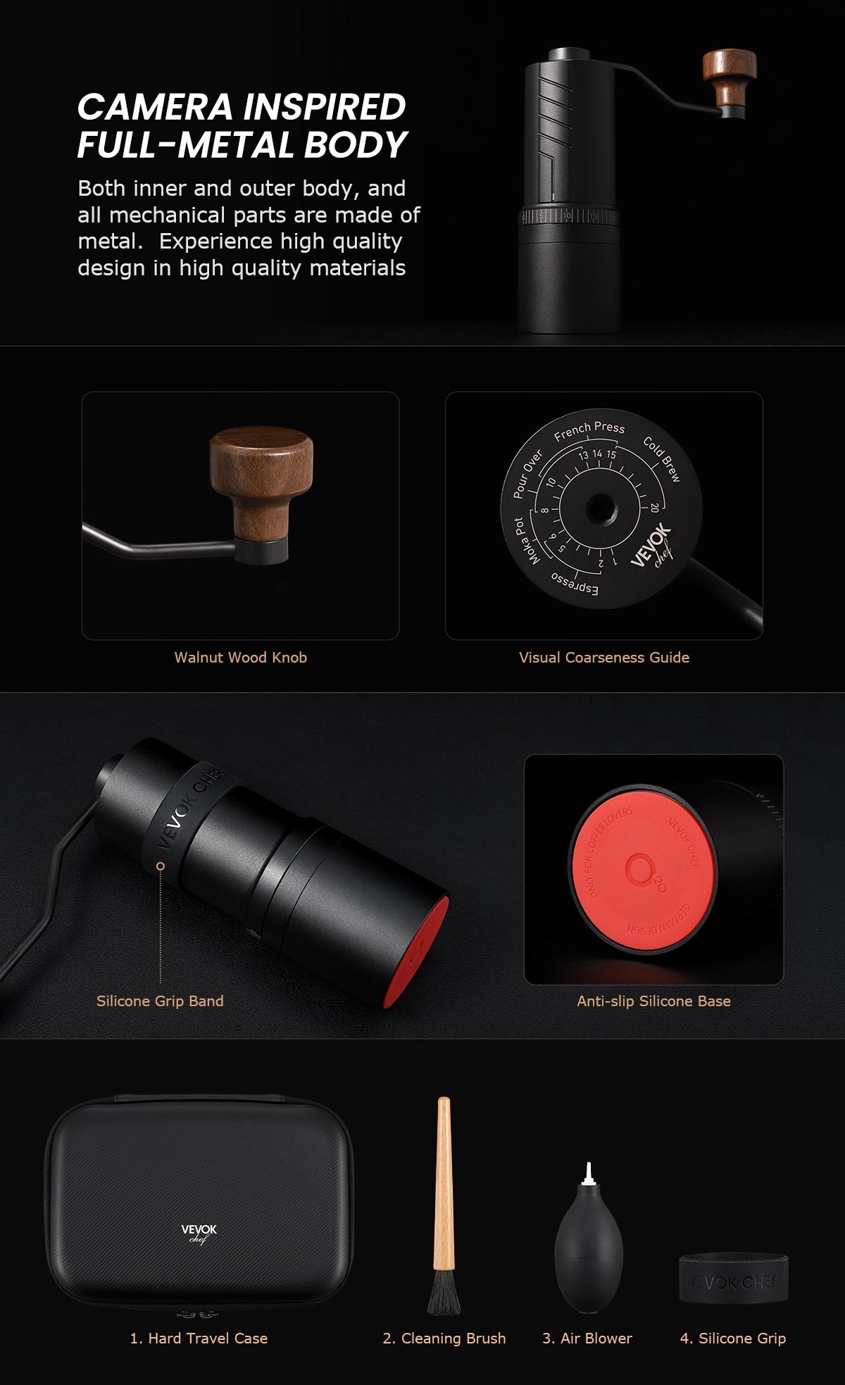 VEVOK CHEF O20 Manual Coffee Grinder features a full-metal body, walnut wood knob, silicone grip, anti-slip base, and comes with a hard travel case, cleaning brush, silicone grip, and air blower for easy maintenance.