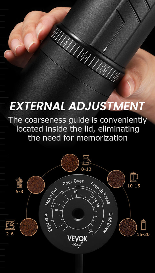 VEVOK CHEF O20 Manual Coffee Grinder with a coarseness guide conveniently located inside the lid, providing easy reference for precise grind settings without the need for memorization.
