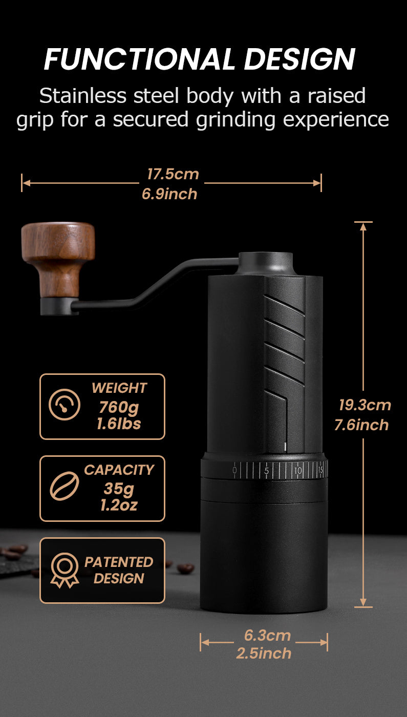VEVOK CHEF O20 Manual Coffee Grinder with a stainless steel body, raised grip for secure handling, 35g (1.2oz) bean capacity, and 760g (1.6lbs) weight. Features a patented design for durability and convenience.