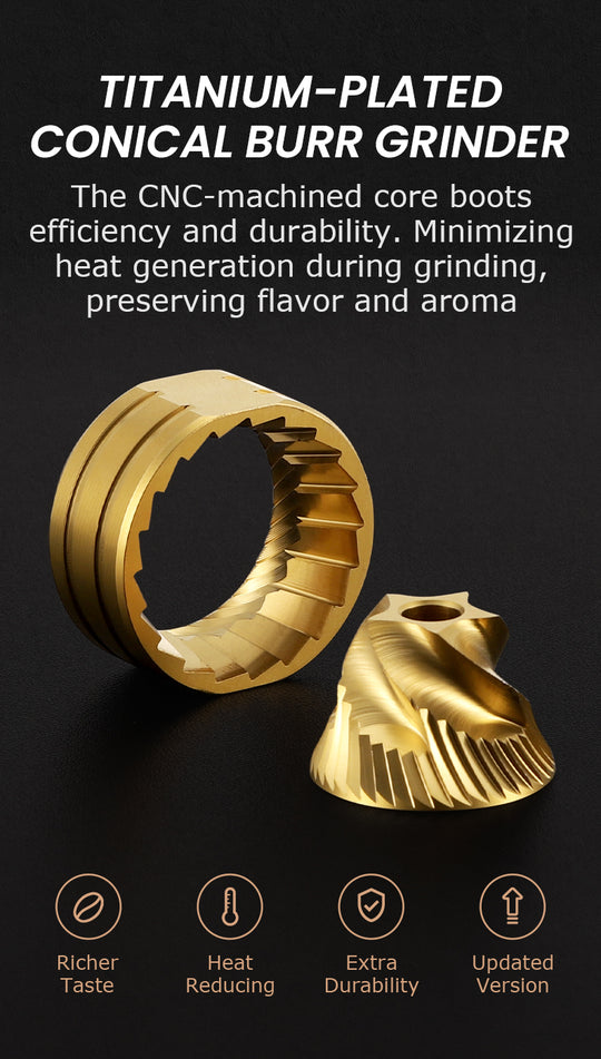 VEVOK CHEF O20 Manual Coffee Grinder with an upgraded titanium-plated conical burr, CNC-machined for enhanced efficiency and durability. Reduces heat during grinding to preserve coffee’s rich flavor and aroma.