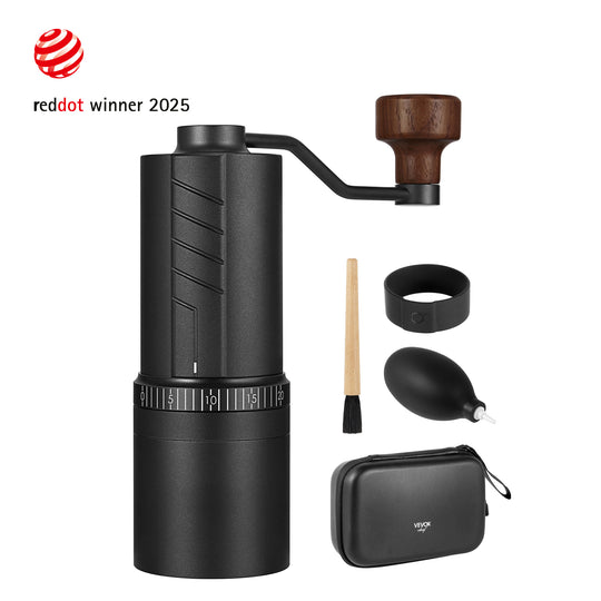 Red Dot Award 2025 Winner. VEVOK CHEF O20 Manual Coffee Grinder on white background, featuring the grinder, hard travel case, cleaning brush, silicone grip, and air blower for easy maintenance and portability.