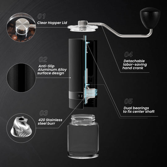 A close-up view of the VEVOK CHEF O6 Slim Manual Coffee Grinder Glass Jar's internal components, featuring a clear hopper lid, 420 stainless steel burr, anti-slip aluminum alloy surface, and dual bearings, optimized for efficient grinding with a glass jar.