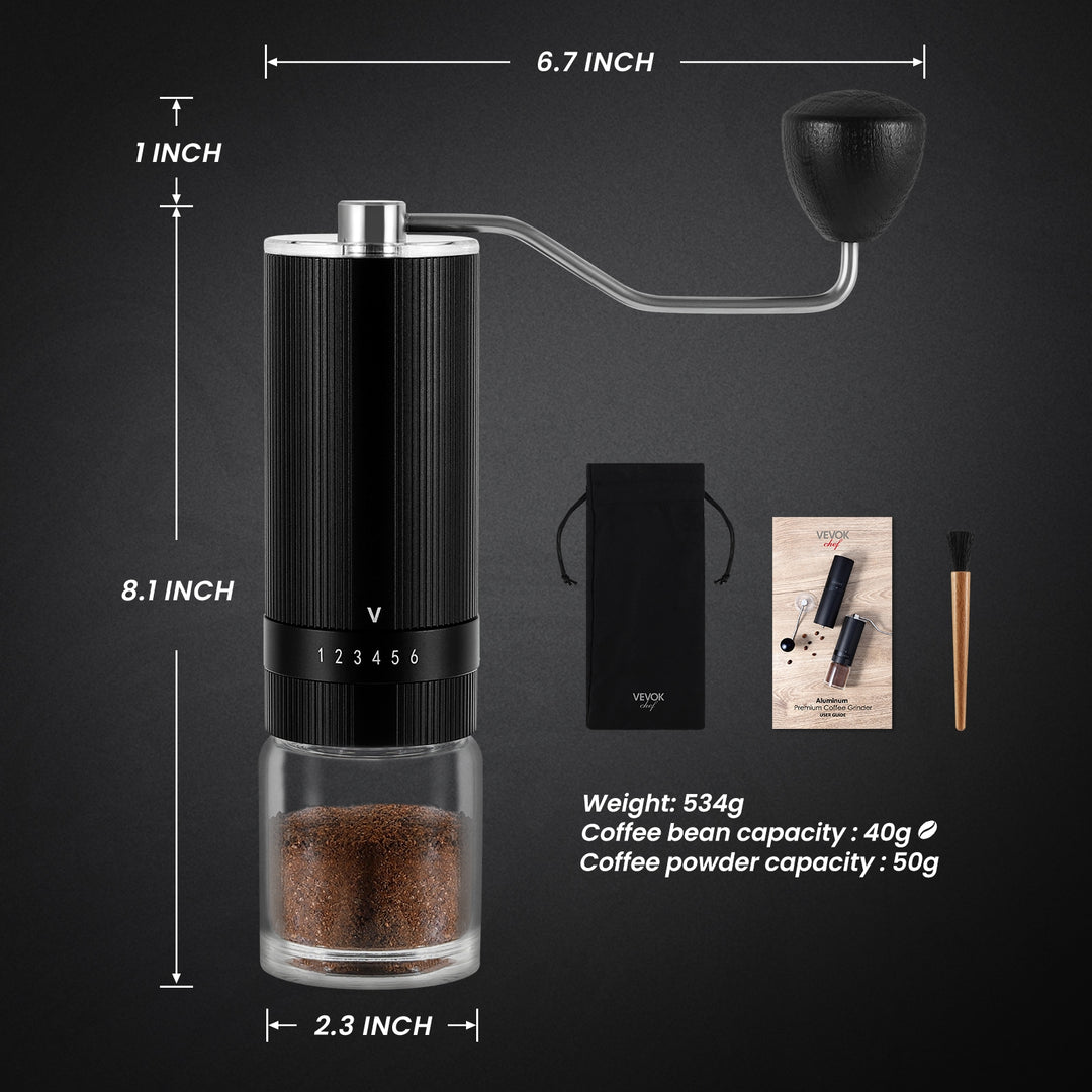 VEVOK CHEF O6 Slim Manual Coffee Grinder Glass Jar, showcasing its weight (574g), 40g coffee bean capacity, and 40g coffee powder capacity. Includes a portable drawstring bag, user manual, and cleaning brush, perfect for users who prefer the glass jar option.