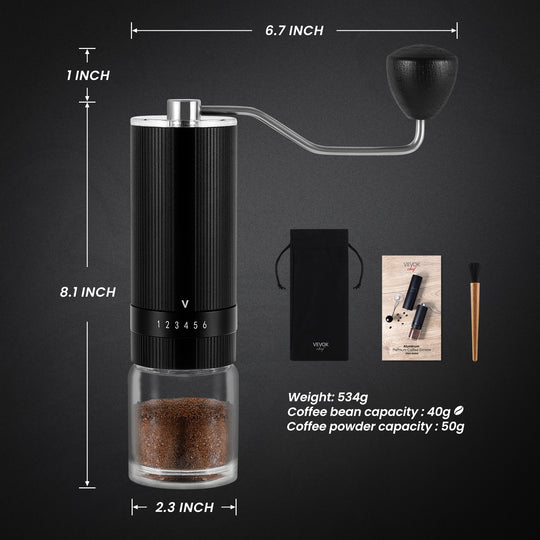VEVOK CHEF O6 Slim Manual Coffee Grinder Glass Jar, showcasing its weight (574g), 40g coffee bean capacity, and 40g coffee powder capacity. Includes a portable drawstring bag, user manual, and cleaning brush, perfect for users who prefer the glass jar option.