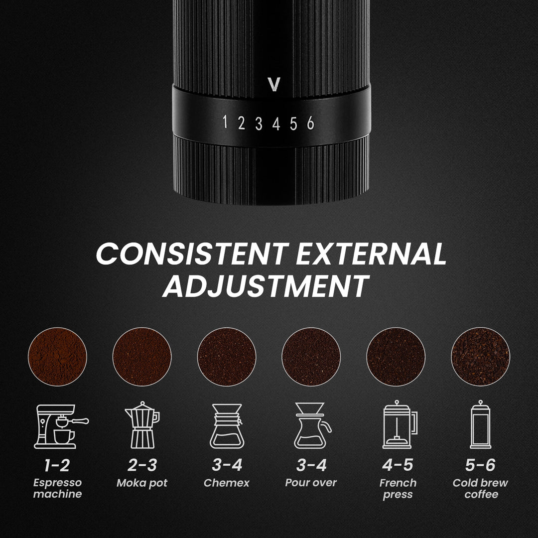 Close-up of the VEVOK CHEF O6 Slim Manual Coffee Grinder Glass Jar's external adjustment ring, offering 1-6 coarseness settings for different coffee brewing methods, perfect for precision grinding with the glass jar option.