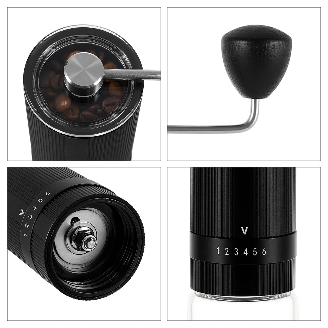 Four close-up shots of the VEVOK CHEF O6 Slim Manual Coffee Grinder Glass Jar, highlighting the transparent hopper lid, wooden handle, stainless steel burr, and external coarseness adjustment ring, with a focus on the glass jar design for optimal performance.