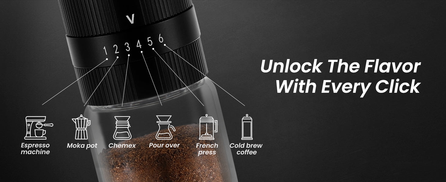 Close-up of the VEVOK CHEF O6 Slim Glass coffee grinder’s external adjustment ring with six coarseness settings, designed for brewing methods like espresso, moka pot, Chemex, pour-over, French press, and cold brew.