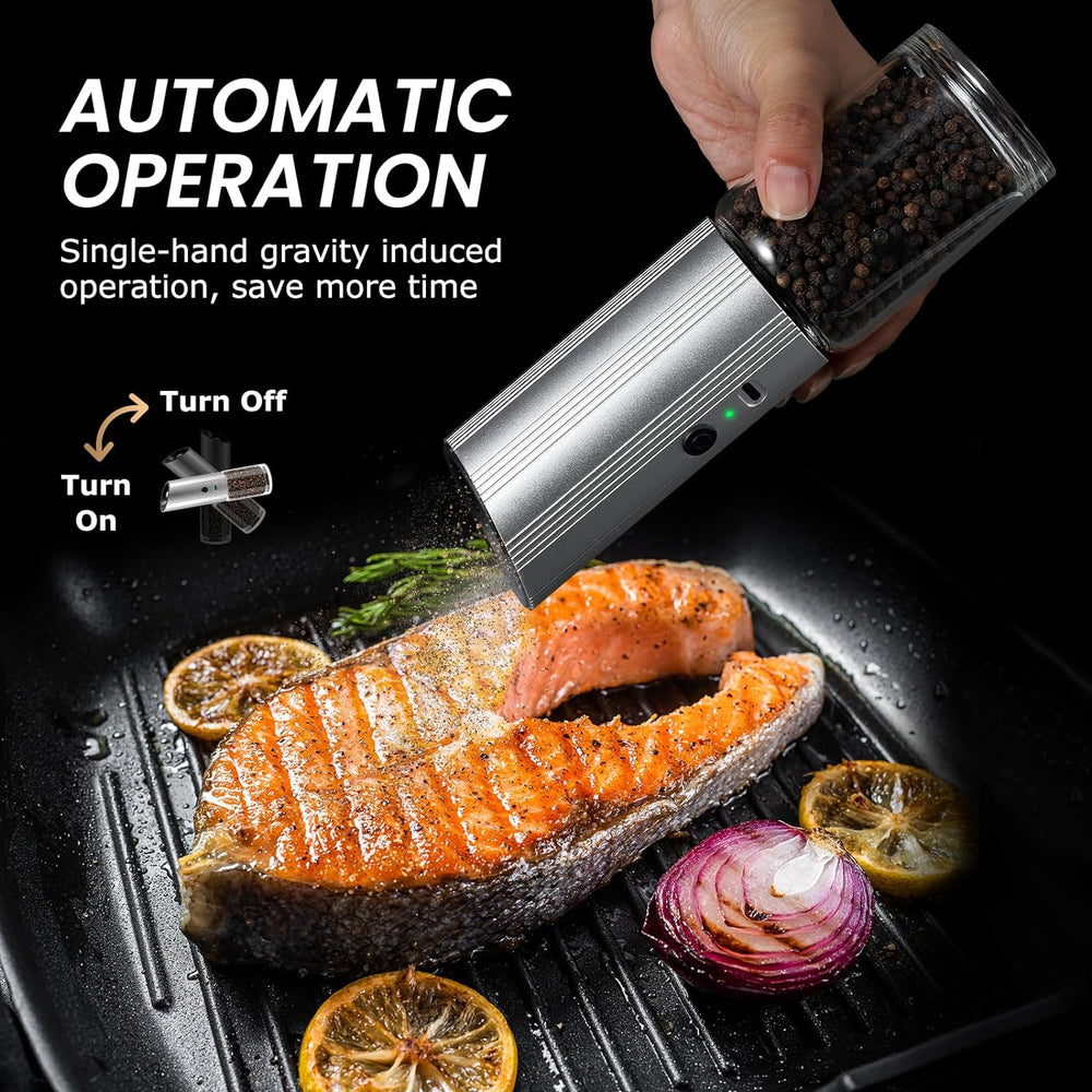 GRAVIMILL V2 - Sliver Rechargeable Electric Salt and Pepper Grinder Set with LED & Type-C