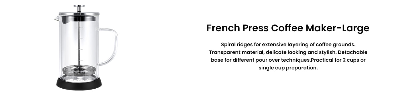 French press coffee maker with text describing features