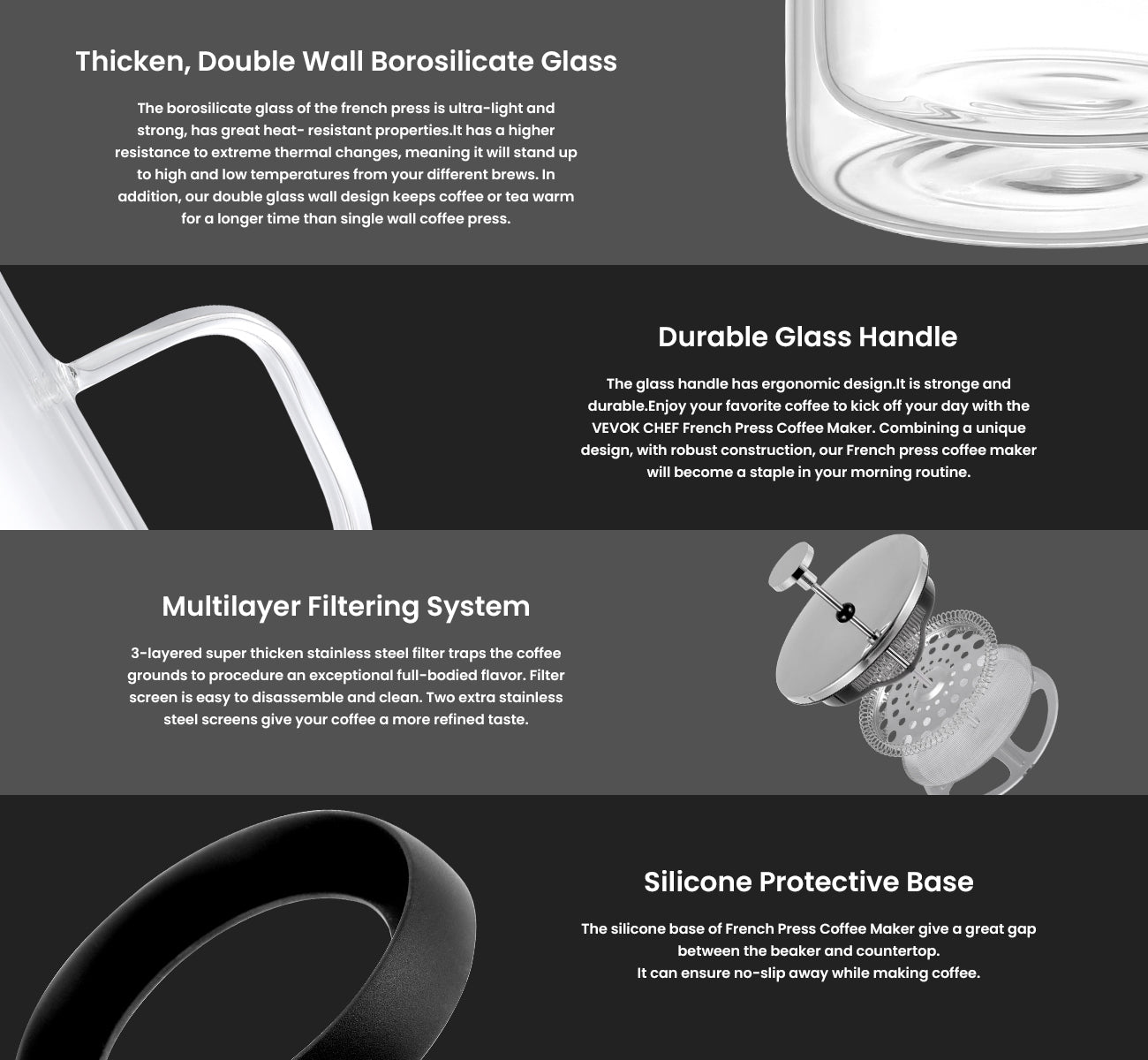 Product features of a French press coffee maker with text descriptions on a black background.