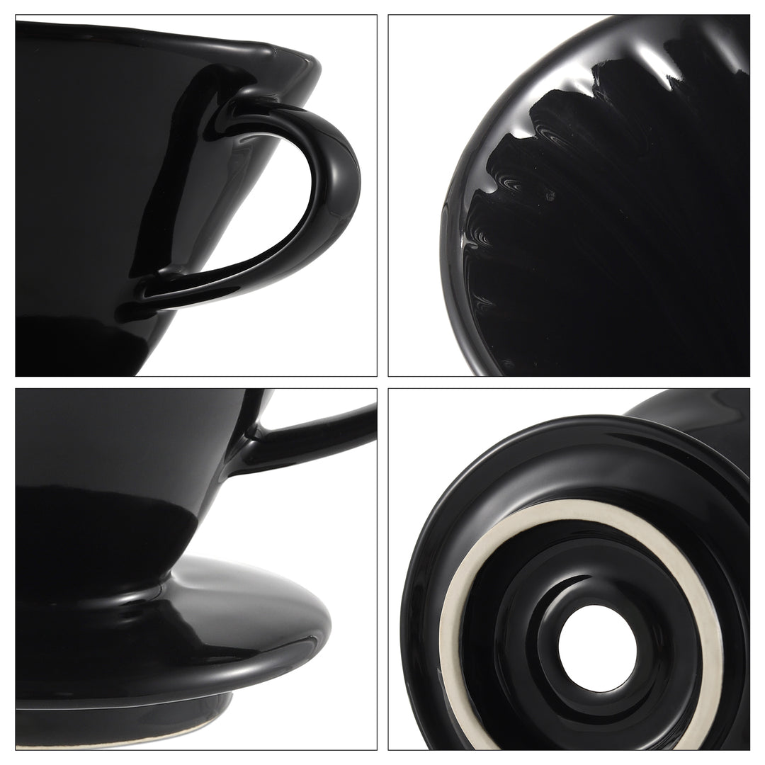 Four close-up images showcasing key features of the NERA Ceramic V-Shaped Pour Over Coffee Dripper, including the ergonomic side handle, spiral interior ridges, sturdy base, and flow hole, emphasizing the design and functionality for brewing excellence. Crafted by VEVOK CHEF for optimal coffee brewing.