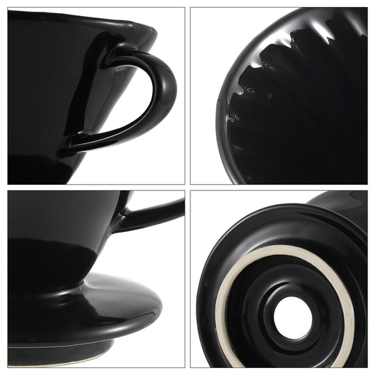 Four close-up images showcasing key features of the NERA Ceramic V-Shaped Pour Over Coffee Dripper, including the ergonomic side handle, spiral interior ridges, sturdy base, and flow hole, emphasizing the design and functionality for brewing excellence. Crafted by VEVOK CHEF for optimal coffee brewing.