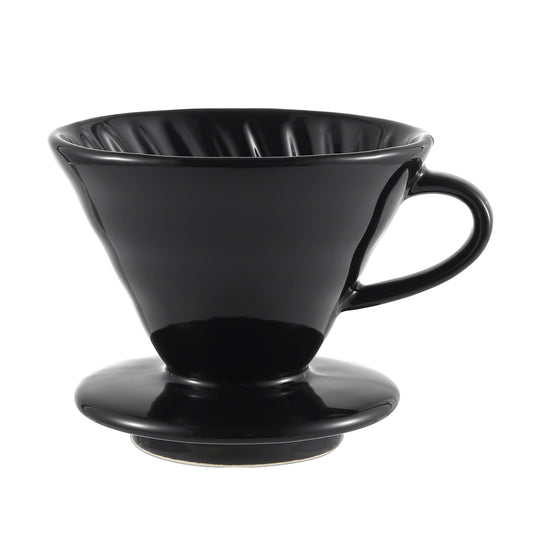 The NERA Ceramic V-Shaped Pour Over Coffee Dripper in black, displayed on a white background. This stylish ceramic dripper features a sleek, minimalist design, perfect for brewing a flavorful pour-over coffee. VEVOK CHEF's premium craftsmanship ensures a high-quality brewing experience.