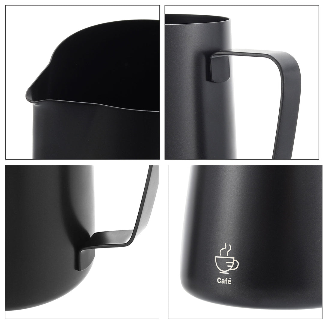 Four close-up images of the VEVOK CHEF Milk Frothing Pitcher, highlighting the dripless spout, handle above and below, and logo on the body. Features a professional design with a rust-proof, non-toxic, and easy-to-clean structure.