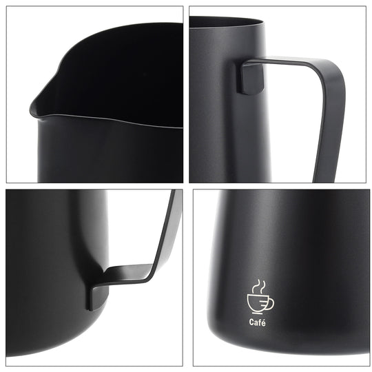 Four close-up images of the VEVOK CHEF Milk Frothing Pitcher, highlighting the dripless spout, handle above and below, and logo on the body. Features a professional design with a rust-proof, non-toxic, and easy-to-clean structure.