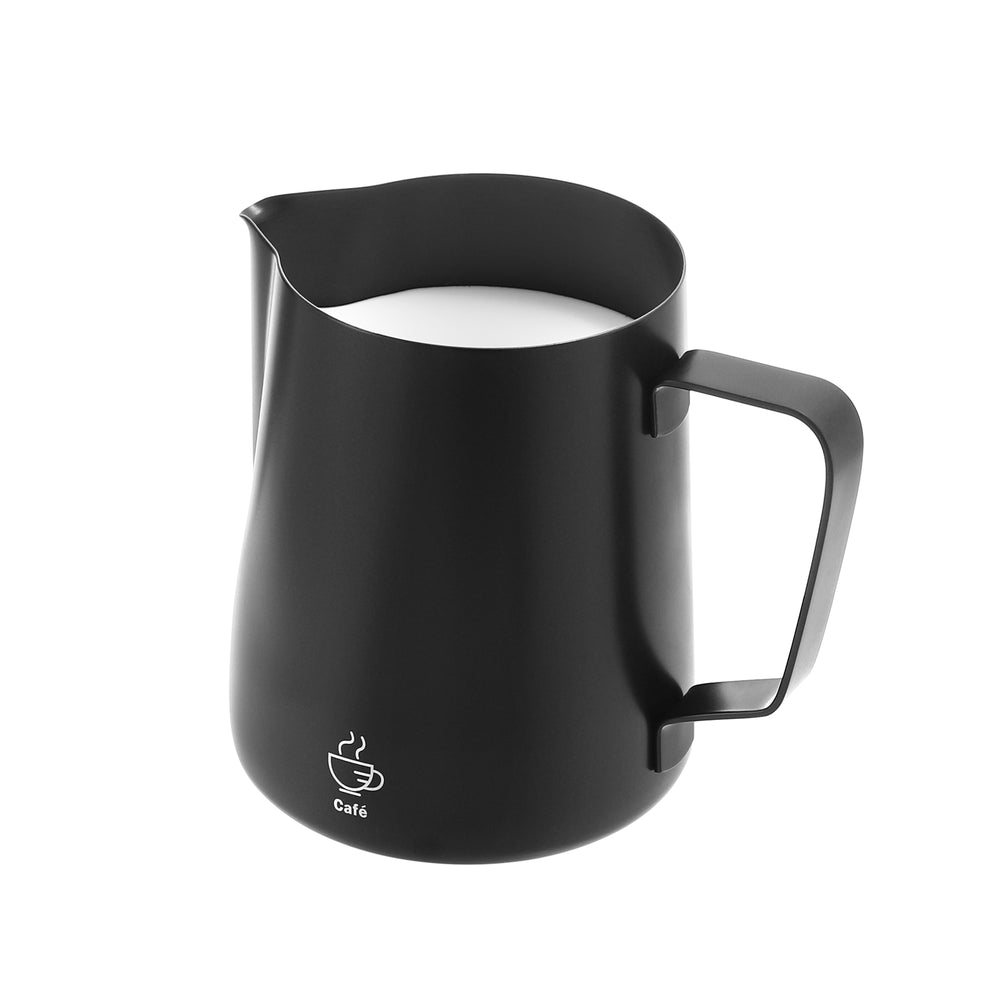 The VEVOK CHEF Milk Frothing Pitcher captured from a 45-degree angle, revealing frothed milk inside. Designed with a dripless spout for smooth and precise pouring, perfect for latte art.