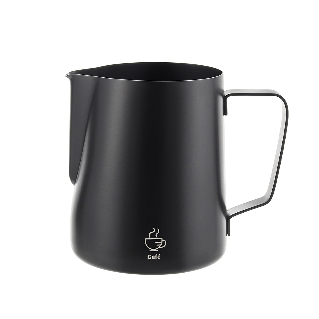 The VEVOK CHEF Milk Frothing Pitcher in black, showcasing its professional design and non-stick Teflon coating for easy cleaning. Ideal for creating perfectly frothed milk for lattes and cappuccinos.