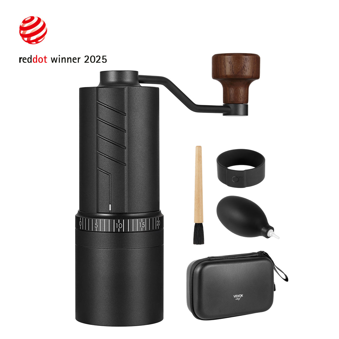 Red Dot Award 2025 Winner. VEVOK CHEF O20 Manual Coffee Grinder on white background, featuring the grinder, hard travel case, cleaning brush, silicone grip, and air blower for easy maintenance and portability.