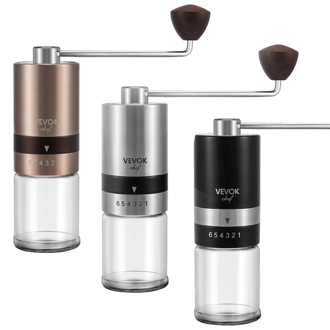 The VEVOK CHEF O6 Manual Coffee Grinder displayed in three colors—gold, silver, and black—on a white background, showcasing its stylish and versatile design, perfect for all coffee enthusiasts.
