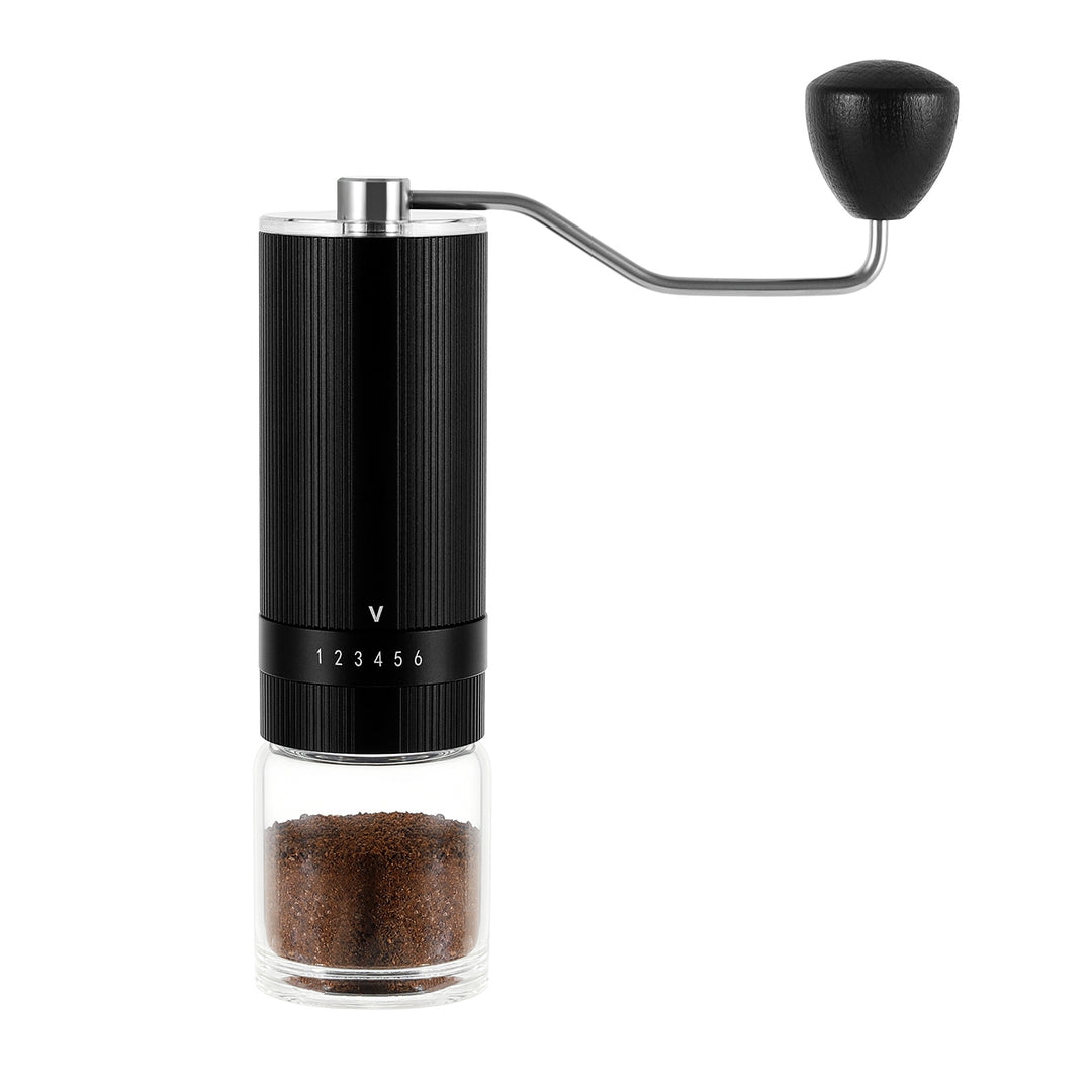 Front view of the VEVOK CHEF O6 Slim Manual Coffee Grinder Glass Jar on a white background, featuring a sleek and minimalistic design for precise coffee grinding.