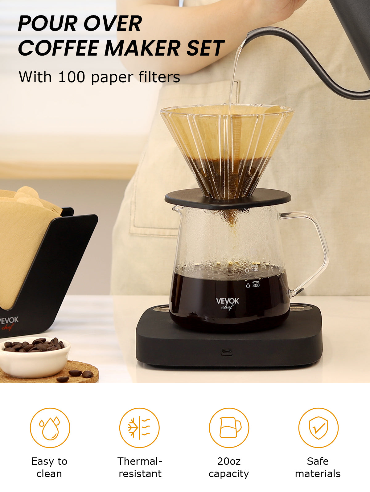 A barista brewing coffee with the VEVOK CHEF Pour Over Coffee Maker Set, featuring a borosilicate glass server, digital scale, paper filters, and coffee bean holder. Highlights include icons showcasing easy cleaning, thermal resistance, 20oz capacity, and safe BPA-free materials.