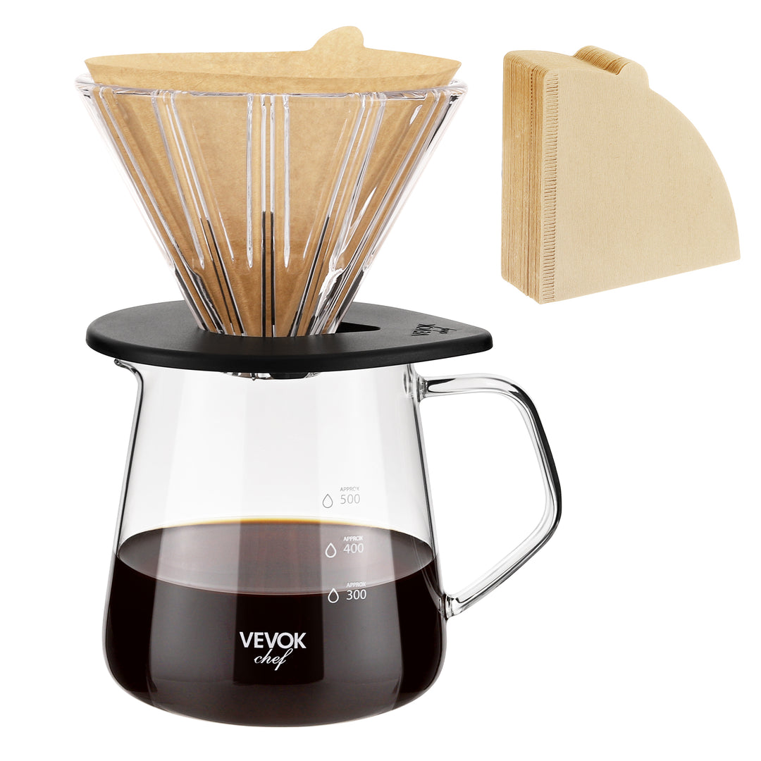 VEVOK CHEF Pour Over Coffee Maker Set with dripper, paper filters, and borosilicate glass server filled with coffee. Perfect for pour-over coffee enthusiasts, featuring a BPA-free, thermal-resistant design. Includes 100 natural unbleached filters.