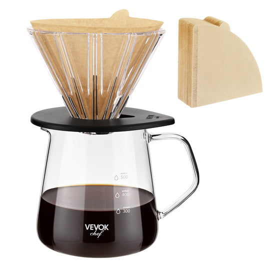 VEVOK CHEF Pour Over Coffee Maker Set with dripper, paper filters, and borosilicate glass server filled with coffee. Perfect for pour-over coffee enthusiasts, featuring a BPA-free, thermal-resistant design. Includes 100 natural unbleached filters.