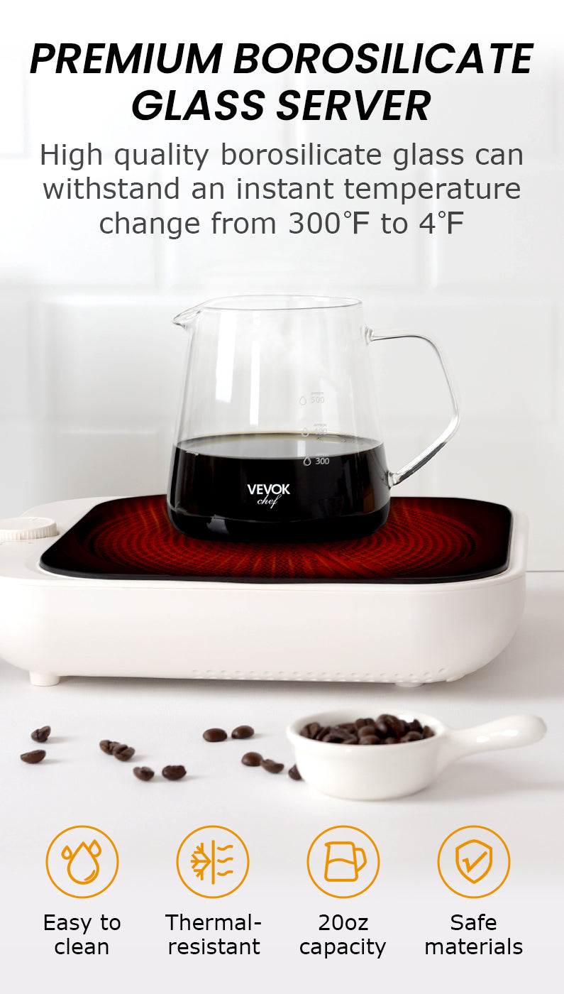 VEVOK CHEF 20oz borosilicate glass server with coffee, placed on an induction cooker for heating. The high-quality server withstands temperature changes from 300°F to 4°F, ensuring durability and safety.