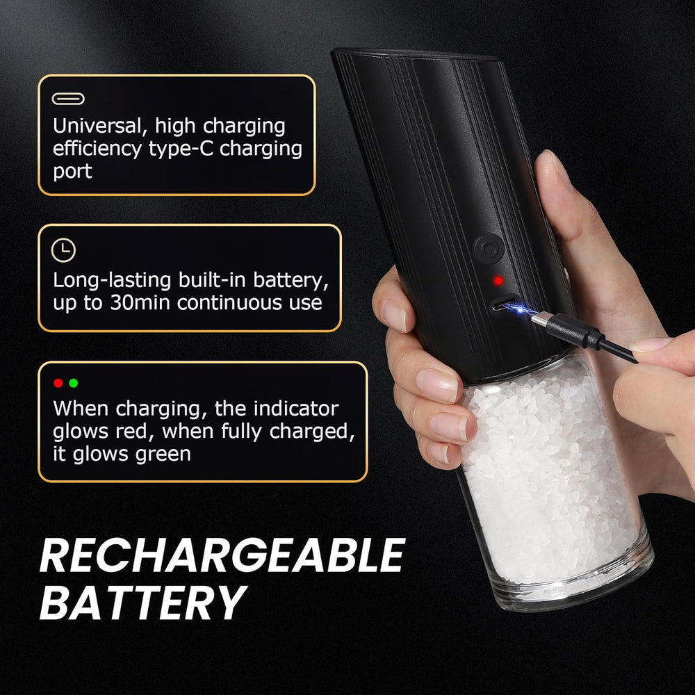 GRAVIMILL V2 - Black Rechargeable Electric Salt and Pepper Grinder Set with LED & Type-C